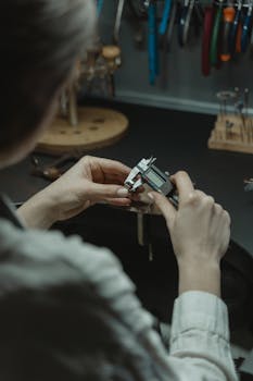 A jeweler uses a caliper to measure with precision in a professional workshop.